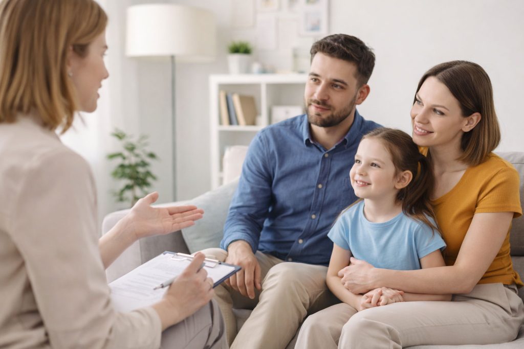 Psicóloga acompañando a una familia con padres e hija durante una sesión de orientación psicológica en consulta.