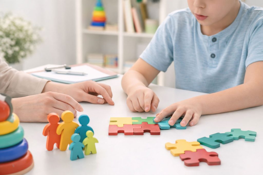 Psicóloga trabajando con un niño en intervención en autismo mediante juegos educativos y piezas de colores sobre una mesa.